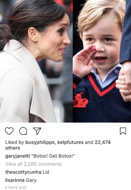 left megan markle , right: prince george cupping his hand on his mounth with caption "Botox! Get Botox!"